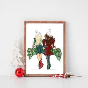 Holiday Besties Art, Christmas Art Print, BFF Christmas Gifts, Holidays Greeting Cards, Holiday Wall Art, Christmas Fashion Illustration