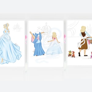BUNDLE 3 PRINTS Cinderella Art Prints, Disney Princess Art, Cinderella Art, Cinderella Illustration,Cinderella Princess Fashion Illustration