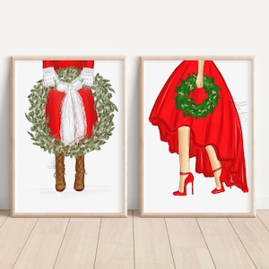 PAQUETE DE 2 - 8 x 10 Ilustración navideña alegre y brillante Ilustración de moda navideña Arte de invierno Arte de pared navideño Regalos BBF Conjunto de regalos navideños