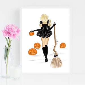 Witch and Pumpkins, Halloween Art Print Fall Witch Art Print, Halloween Witch Art, Halloween Witch Illustration Witches Fashion Illustration