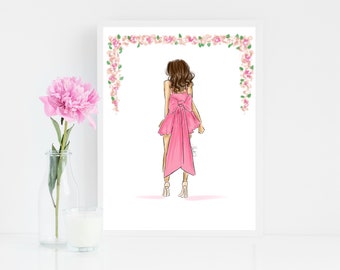 May include: A framed art print featuring a fashion illustration of a woman in a pink dress with a large bow on the back. The artwork is decorated with a floral arch and a pink peony in a vase.