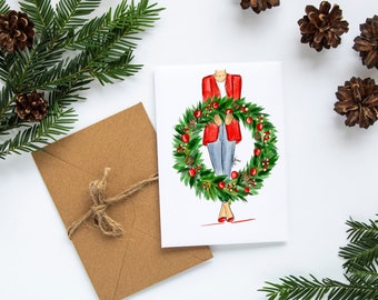 Girl with Wreath Card set Christmas Cards Holiday wreaths cards Holidays Greeting Cards PLTStudio Christmas Fashion illustration Xmas cards