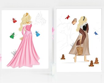 BUNDLE 2 PRINTS Sleeping Beauty Art Prints, Disney Princess Art, Sleeping Beauty Illustration, Sleeping Beauty Princess Fashion Illustration
