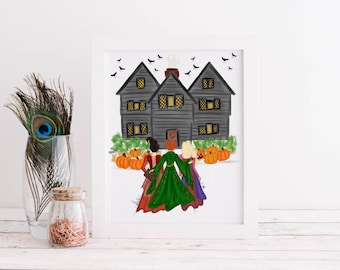 The Witch Sisters at the Witch House Art Witches Witch House Salem Art Print Halloween Illustration Witches Halloween Illustration PLTStudio