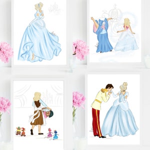 BUNDLE 4 PRINTS Cinderella Art Prints, Disney Princess Art, Cinderella Art, Cinderella Illustration, Cinderella Princess Fashion Illustration