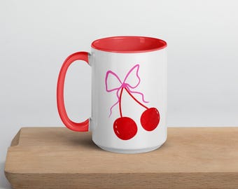 Cherry Mug: 15 oz Ceramic Coffee Mug with Colored Handle