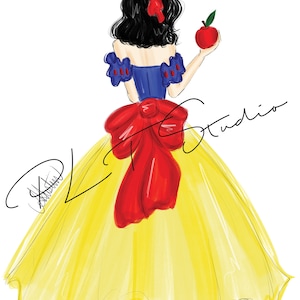 May include: Illustration of a woman in a yellow dress, holding a red apple. She has black hair and a red bow. The dress has a blue bodice and a large red bow in the back. The image has the text "LC Studio".
