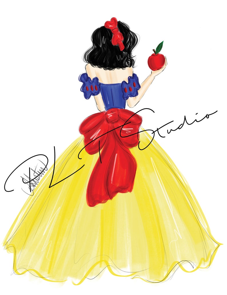 May include: Illustration of a woman in a yellow dress, holding a red apple. She has black hair and a red bow. The dress has a blue bodice and a large red bow in the back. The image has the text "LC Studio".