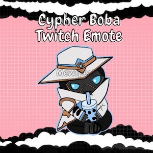 May include: A cartoon illustration of a character from the video game Valorant, Cypher, wearing a white hat and drinking a blue boba tea. The character is wearing a black mask and has blue eyes. The background is pink with a grid pattern.