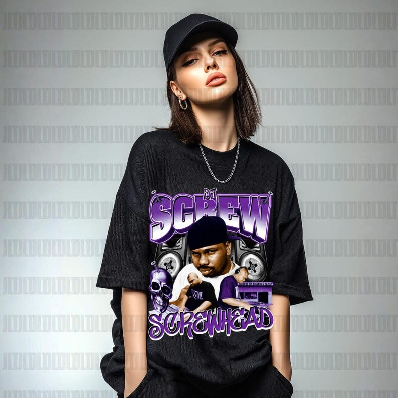 May include: Black t-shirt with a graphic design featuring DJ Screw. The design includes the text "DJ Screw" in purple and white, images of speakers, a skull, and the text "Screwhead" in purple.