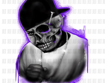 Gráfico de arte callejero de calavera morada / DJ Screw Houston / Ilustración de terror urbano / Diseño de estilo hip hop vanguardista para camisetas, estampados y calcomanías