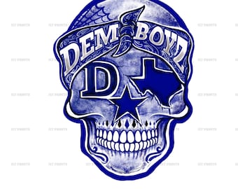 May include: A blue and white skull with a bandana over the eyes. The bandana says "Dem Boyz" and has a Texas star on it. The skull has a blue and white design with a cracked effect.