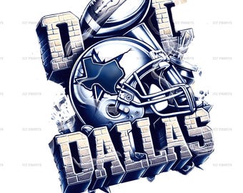 May include: A graphic design featuring a football helmet, a football, and a trophy with the word "Dallas" in a brick-like font. The design is in shades of blue and gray.