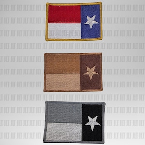 May include: Three embroidered patches in the shape of the Texas flag. The top patch features red, white, and blue sections with a white star. The middle patch has brown and tan sections with a brown star. The bottom patch is gray, black, and white.