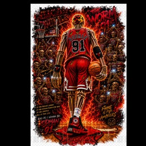 Pode incluir: Uma ilustração gráfica de um jogador de basquete esquelético vestindo uma camisa vermelha e branca com o número 91, segurando uma bola. O fundo mostra uma multidão de esqueletos, chamas laranjas e o texto THE WORM 91.