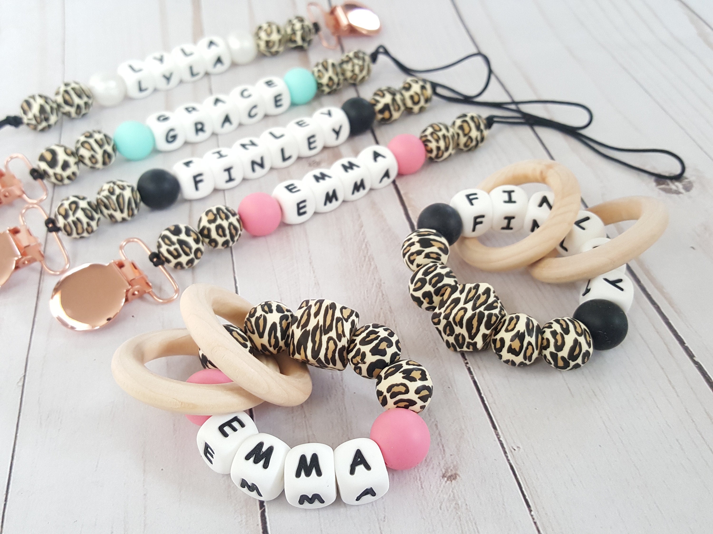 Leopard baby girl pacifier clip and loop rattle. Forest safari nurser…