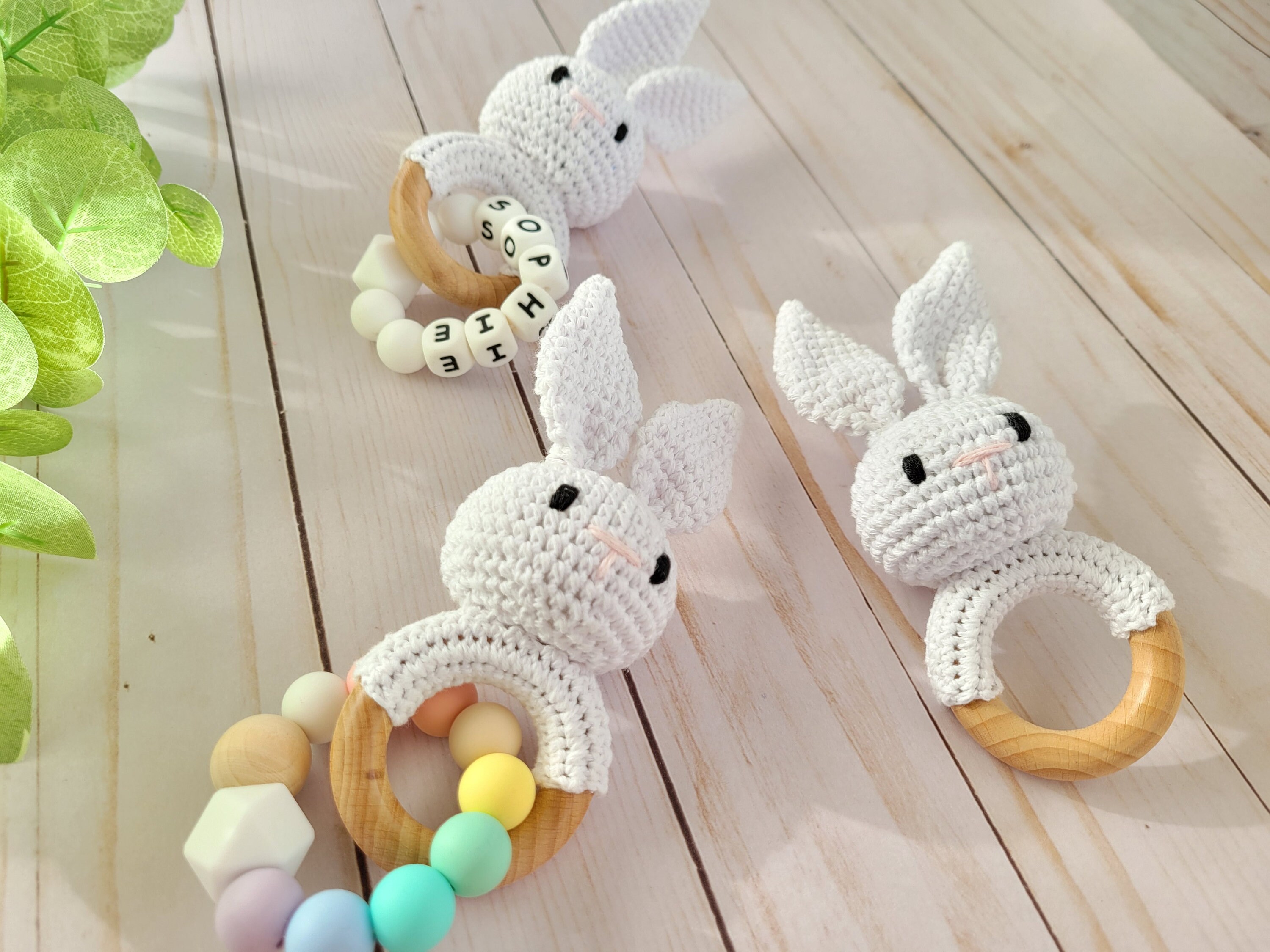 White rabbit jingling baby rattle. Crochet toy. Option to add baby na…