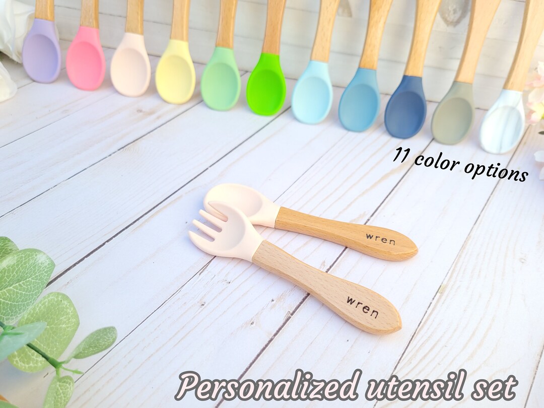 Soft Utensil Set. Baby and Kid Safe Silicone and Wood Spoon Fork