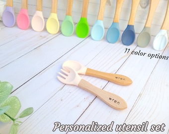 Soft utensil set. Baby and kid safe silicone and wood spoon + fork. Optional name personalization. Engraved keepsake gift. Pink, blue & more