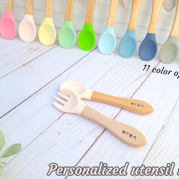 Soft utensil set. Baby and kid safe silicone and wood spoon + fork. Optional name personalization. Engraved keepsake gift. Pink, blue & more