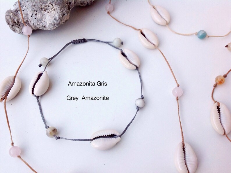 Amazonite Carnelian Beach Choker. Anklet or choker thread cowries shells and gems Anklet Surf Necklace shells Pink Quartz