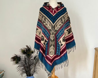 Poncho coperta azteco con cappuccio