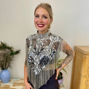 Silver bead and sequinned burlesque cape
