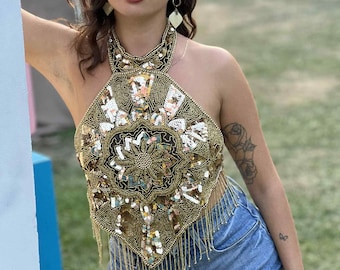 Sequinned halter neck top