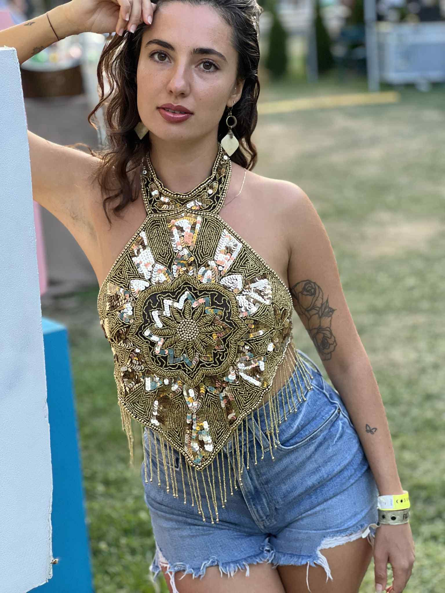 Crop Top Pailleté Or Clair - Taille M - Neuf Avec étiquette - Fermeture éclair Dos