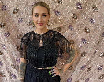 Black beaded cape with black bead fringe
