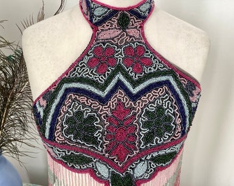 Beaded fringed halter neck top