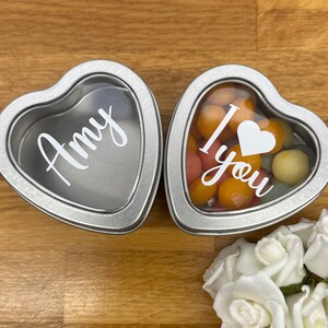 Personalised Love Heart Tin Gift Box Fillable Sweet Container Wedding Favours Favors Mothers Day Easter Special Occasions Valentines Day