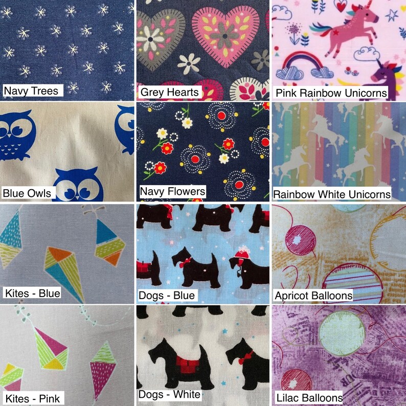 May include: A collage of fabric swatches featuring various patterns, including navy trees, grey hearts, pink rainbow unicorns, blue owls, navy flowers, rainbow white unicorns, kites in blue and pink, dogs in blue and white, apricot balloons, and lilac balloons.