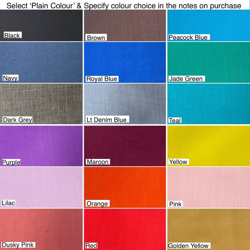May include: Swatch card showing 18 different fabric colors, including black, brown, peacock blue, navy, royal blue, jade green, dark grey, light denim blue, teal, purple, maroon, yellow, lilac, orange, pink, dusky pink, red, and golden yellow.