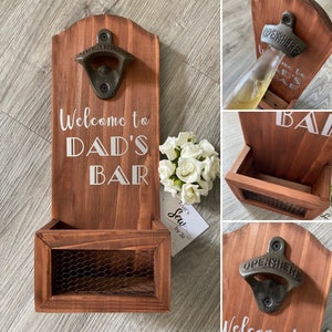 Personalised Bottle Opener Wooden Wall Mounted with Lid Catcher Fathers Day Christmas Gift Dad Daddy Home Bar Best Man Birthday Present