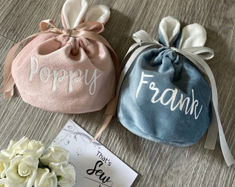 Gepersonaliseerde Bunny Bag, Fluwelen Tasje, Cadeauzakje, Tasje met Trekkoord, Traktaties, Paaseieren, Happy, Paascadeautasje, Naam, Cadeautasje, Bunny Ears