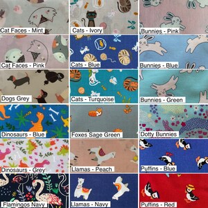 May include: A collage of fabric swatches featuring various animal and nature-themed prints. The swatches include designs with cats, bunnies, dinosaurs, foxes, llamas, puffins, and flamingos. Each swatch is labeled with the animal and color of the fabric.