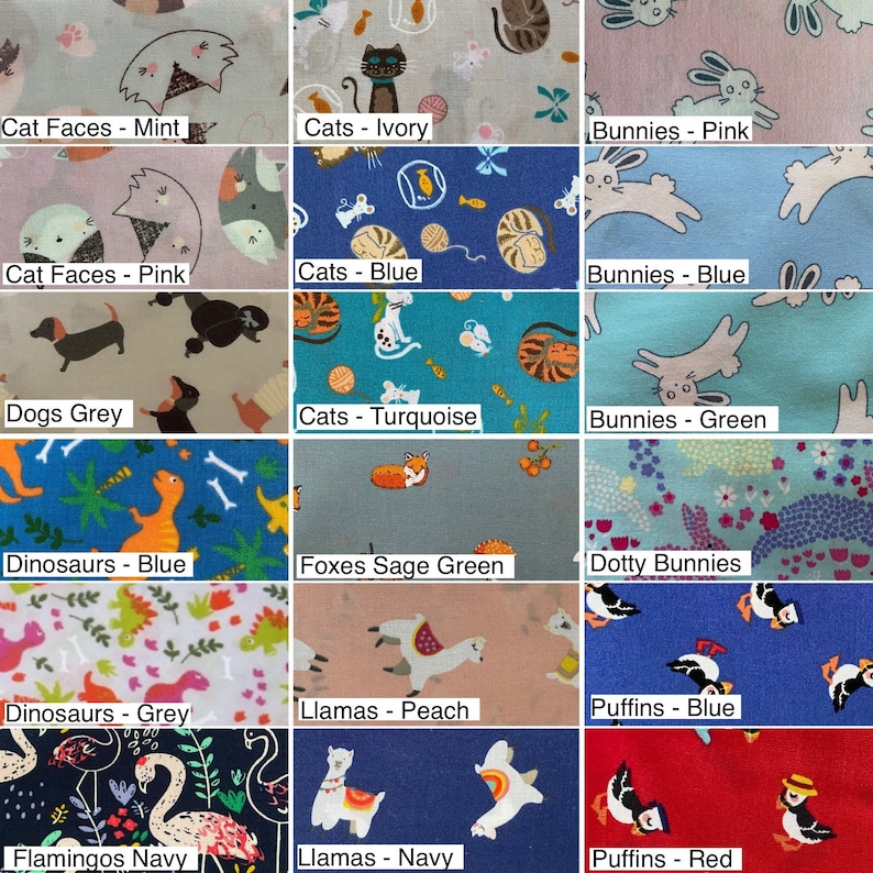 May include: A collage of fabric swatches featuring various animal and nature-themed prints. The swatches include designs with cats, bunnies, dinosaurs, foxes, llamas, puffins, and flamingos. Each swatch is labeled with the animal and color of the fabric.