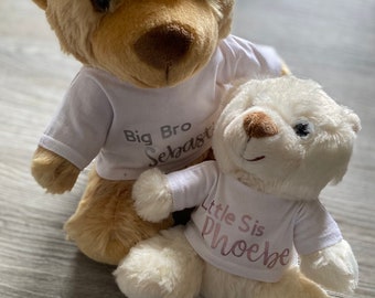 Personalisierte Teddy Bär Andenken Geschenk mit T Shirt Neues Baby Willkommen Baby Shower Geschwister Bruder Schwester Geburtstag Neu Geboren Braun Creme Spielzeug