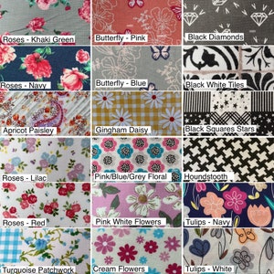 May include: A collage of fabric swatches with various patterns and colors, including roses, butterflies, gingham, paisley, and floral designs. The swatches are labeled with their names, such as "Roses - Khaki Green", "Butterfly - Pink", and "Black Diamonds".