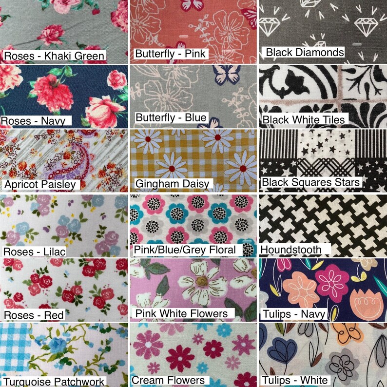 May include: A collage of fabric swatches with various patterns and colors, including roses, butterflies, gingham, paisley, and floral designs. The swatches are labeled with their names, such as "Roses - Khaki Green", "Butterfly - Pink", and "Black Diamonds".