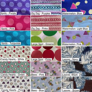 May include: A collage of 12 fabric swatches with different patterns and colors. The patterns include spots, zigzags, watermelons, candy hearts, bees, and leaves. The colors include purple, pink, turquoise, green, white, navy, black, brown, and light blue.