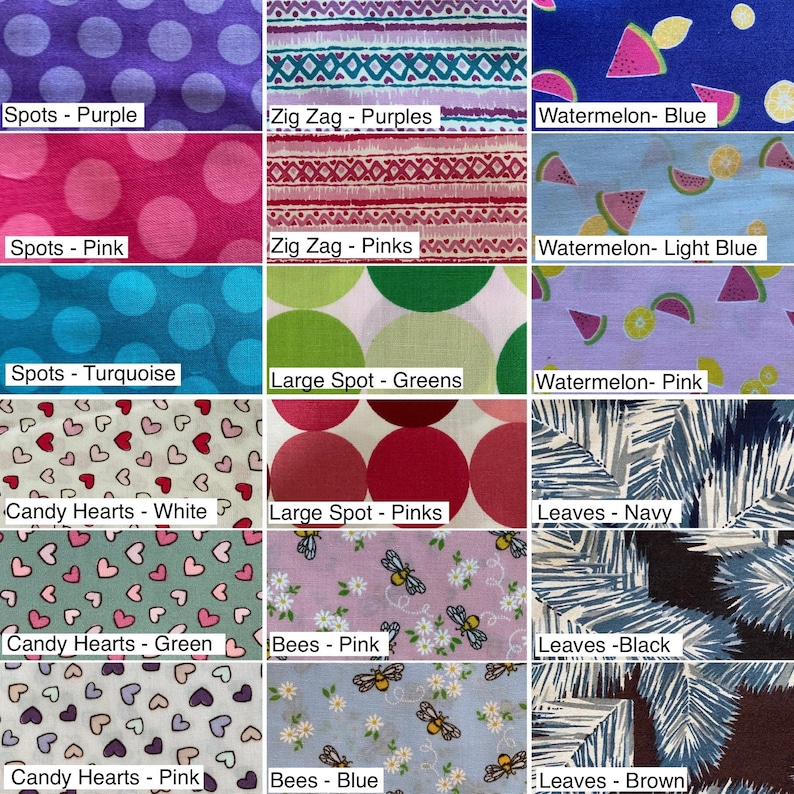 May include: A collage of 12 fabric swatches with different patterns and colors. The patterns include spots, zigzags, watermelons, candy hearts, bees, and leaves. The colors include purple, pink, turquoise, green, white, navy, black, brown, and light blue.