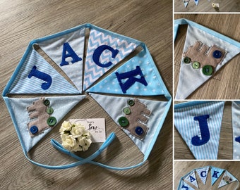 Personalised Bunting Baby Banner Nursery Christening Birthday Gift Baby Shower Pink Blue Name Flags Hand Made to Order Train Star Heart