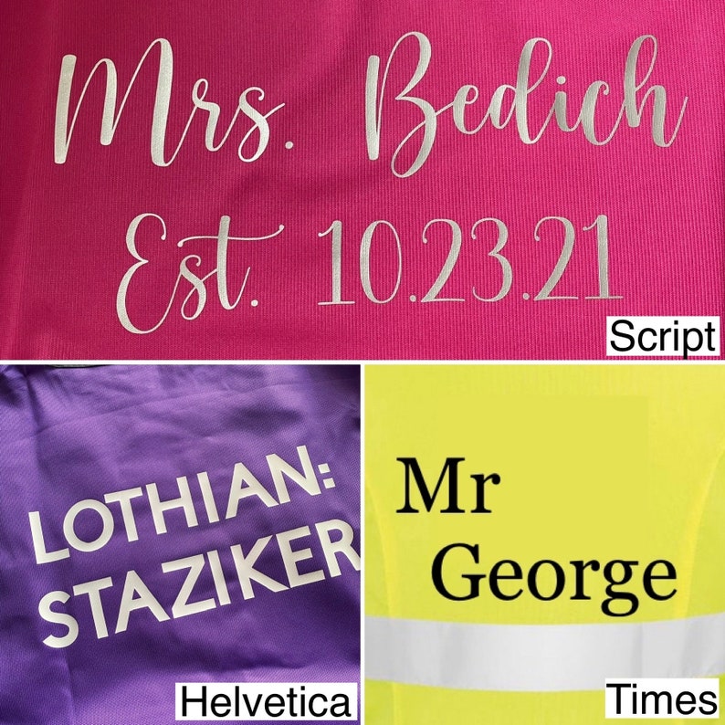 Op de afbeelding: Een collage van drie stofstalen met witte tekst. Het bovenste staal is roze met "Mrs. Bedich" en "Est. 10.23.21". De linkeronderkant is paars met "LOTHIAN: STAZIKER". De rechteronderkant is geel met "Mr George".