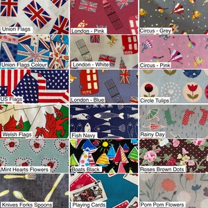 May include: A collection of 12 fabric swatches with various patterns, including Union Jacks, American flags, Welsh flags, fish, boats, playing cards, tulips, and more. The swatches are labeled with the name of the pattern.