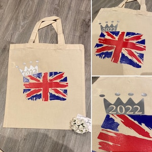 Union Flag Tote Bag Reusable King’s Coronation Crown Shopping Shopper with Name or Date or plain Union Jack Patriotic London Personalised UK