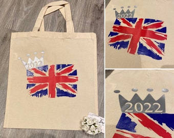 Union Flag Tote Bag Réutilisable King’s Coronation Crown Shopping Shopper avec nom ou date ou simple Union Jack Patriotic Londres personnalisé Royaume-Uni