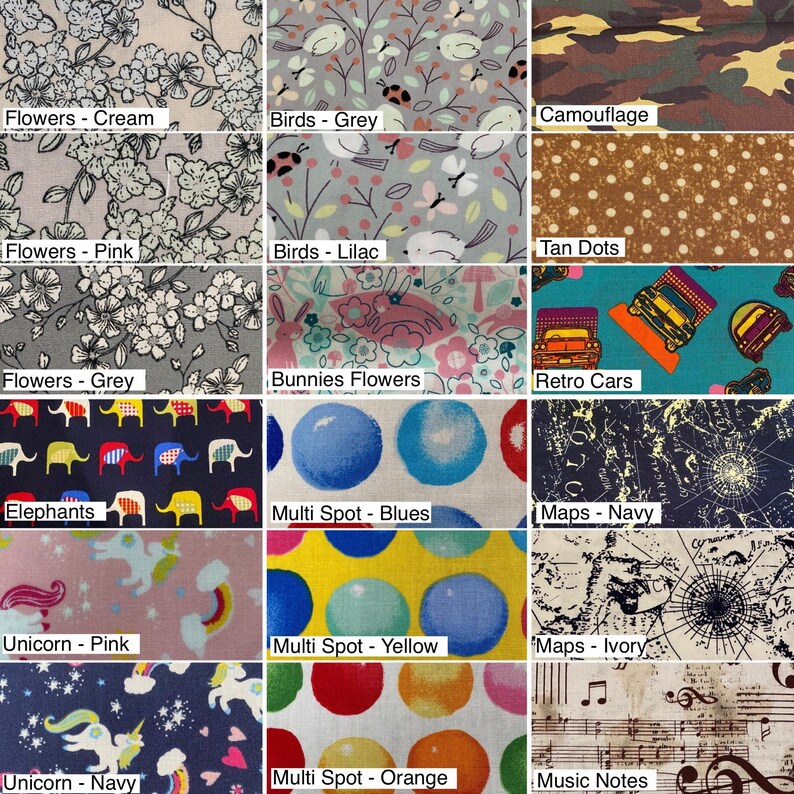 May include: A collage of fabric swatches featuring various patterns, including flowers, birds, bunnies, elephants, maps, and music notes. The swatches are arranged in a grid with 12 different designs.