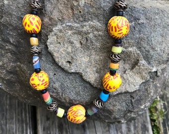 African Recycled Glass Bead Necklace: Brown Leather Cord, Ghana Jewelry